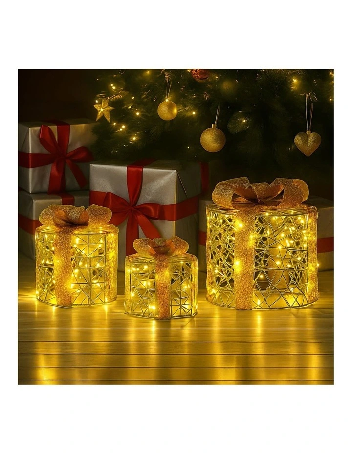 Christabelle Set of 3 Golden Christmas Gift Boxes LED Lights Indoor Holiday Decoration Ornament image 5