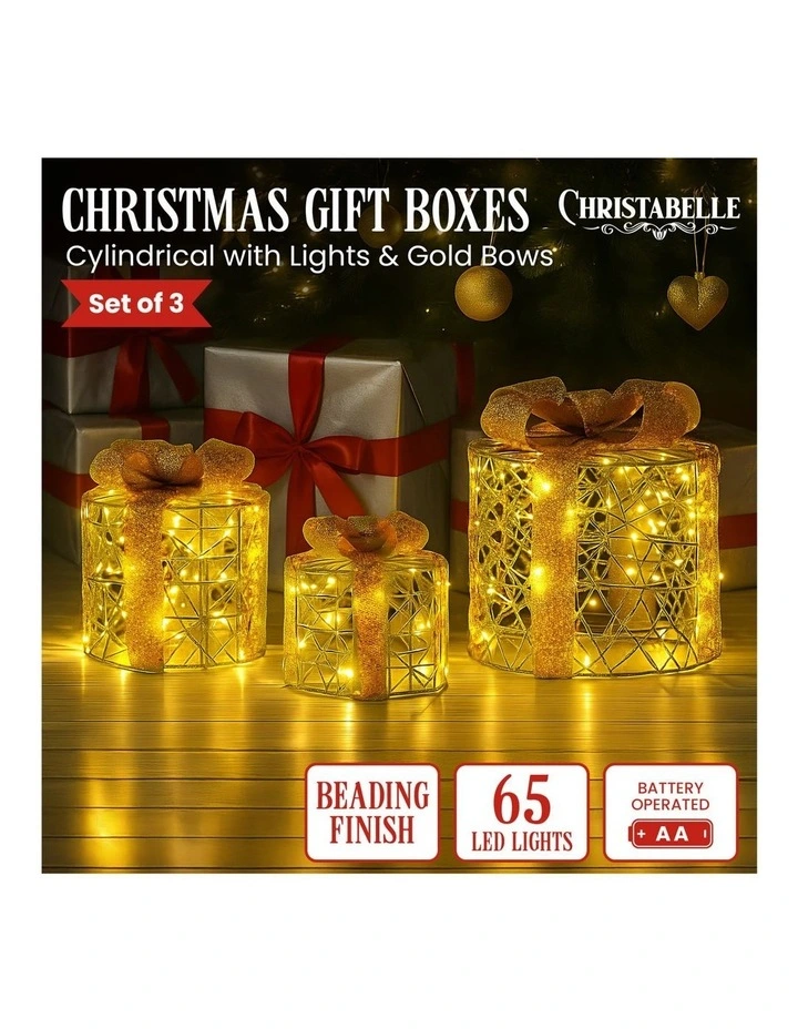 Christabelle Set of 3 Golden Christmas Gift Boxes LED Lights Indoor Holiday Decoration Ornament image 7