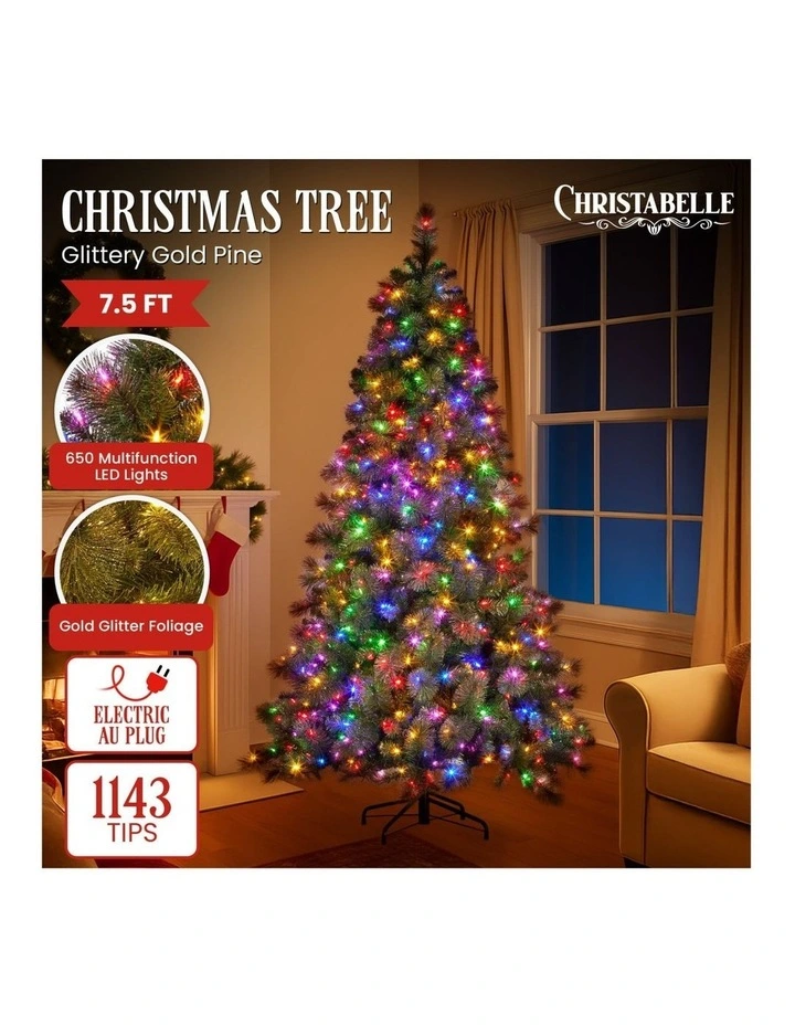 Christabelle 7.5ft Christmas Tree Glittery Gold Pine 650 LED Multi-functional Lights Xmas Decor image 2