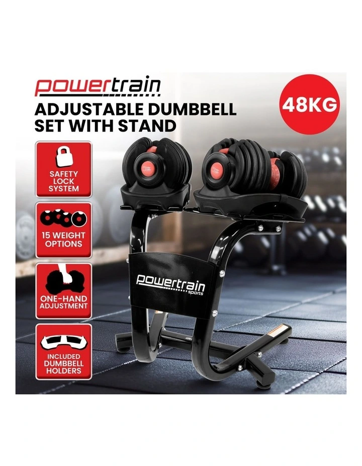 Powertrain 48kg Adjustable Dumbbells with Dumbbell Stand  Red image 4