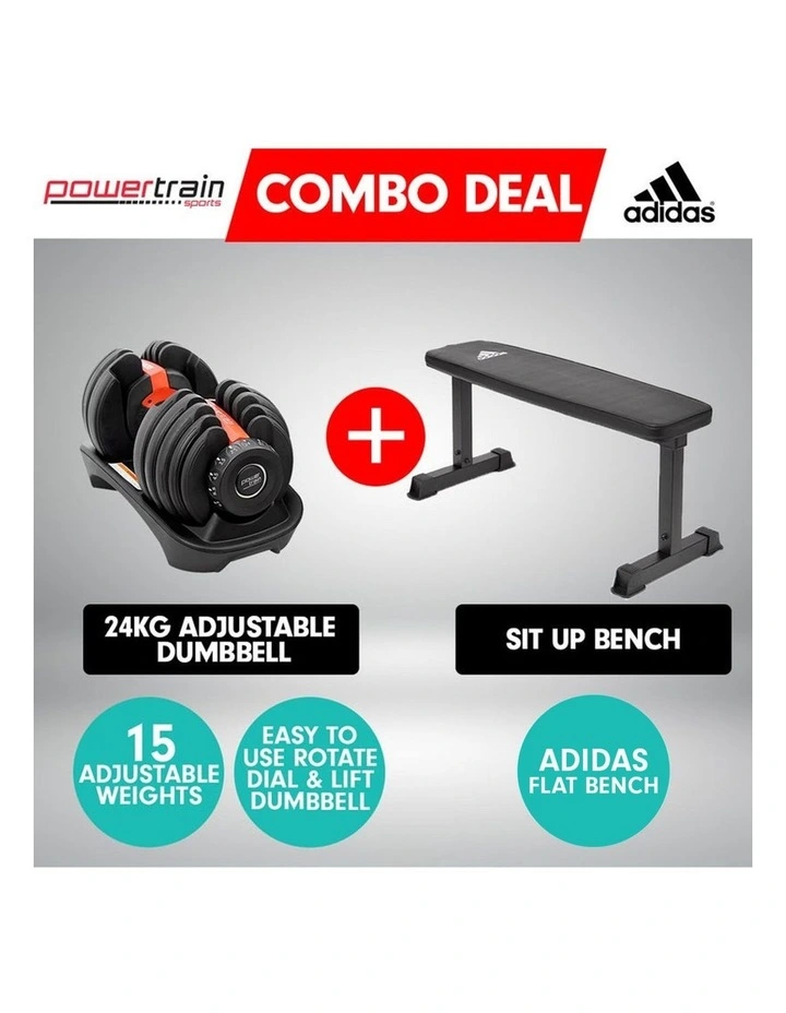 Powertrain 24kg Adjustable Dumbbell w/ Adidas 10437 Exercise Bench image 4