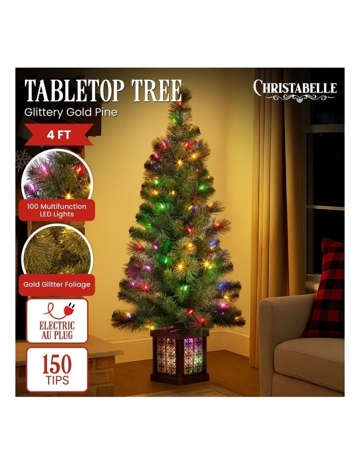 Christabelle 4ft Christmas Tree Glittery Gold Pine Foliage LED Multi Lights Xmas Decor image 3