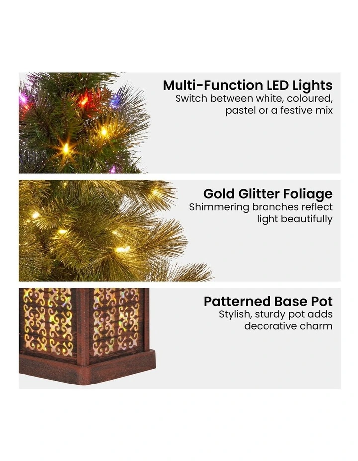 Christabelle 4ft Christmas Tree Glittery Gold Pine Foliage LED Multi Lights Xmas Decor image 6