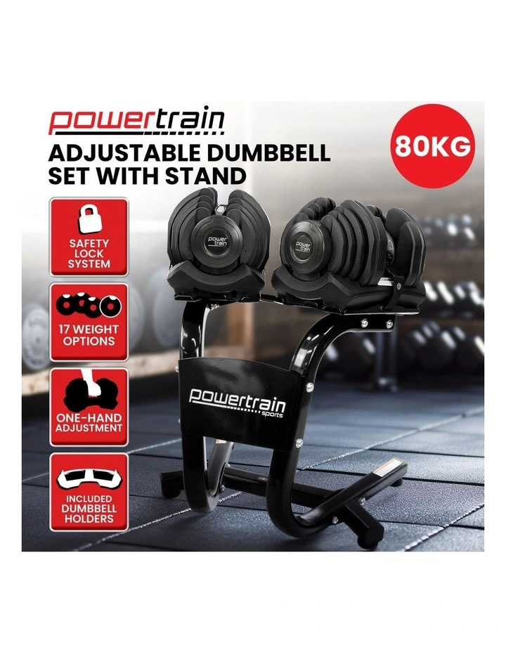 Powertrain 80kg Adjustable Dumbbell Set W Stand Home Gym Exercise Free Weights image 4