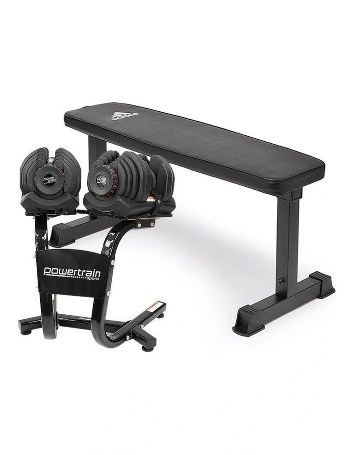 Powertrain 2x 40kg Adjustable Dumbbells and Stand w/10437 Adidas Bench image 1