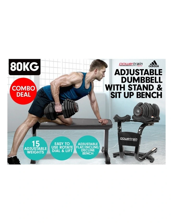 Powertrain 2x 40kg Adjustable Dumbbells and Stand w/10437 Adidas Bench image 6