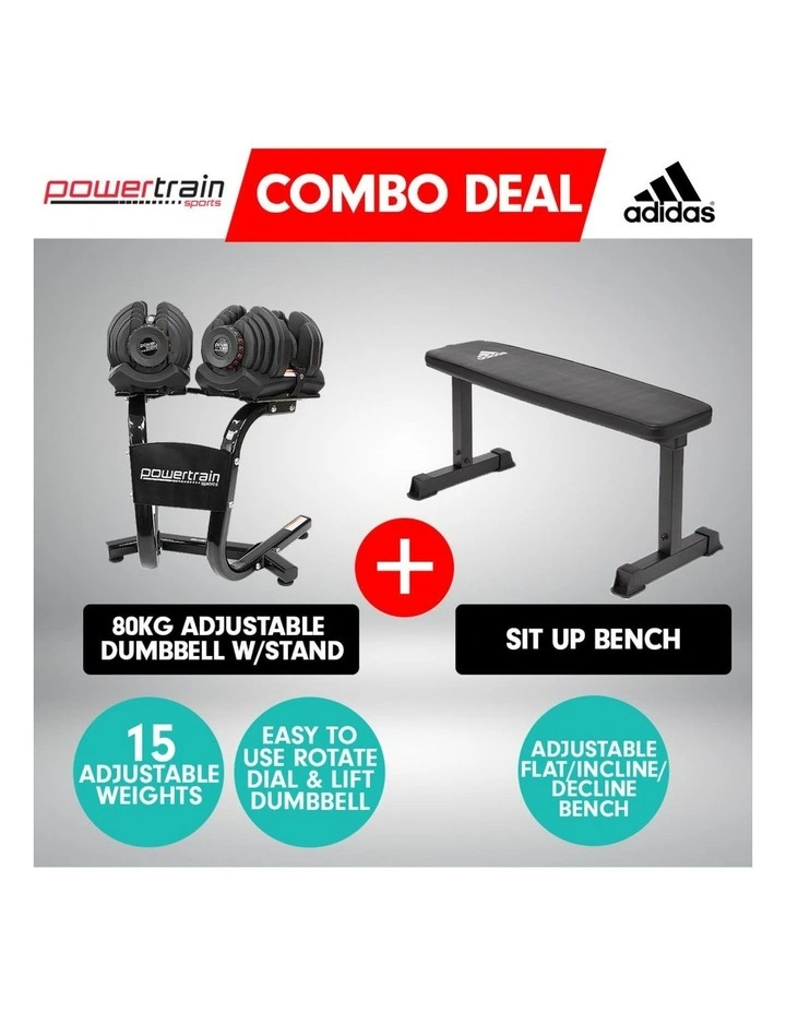 Powertrain 2x 40kg Adjustable Dumbbells and Stand w/10437 Adidas Bench image 7