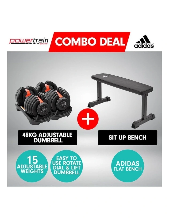 2x Powertrain 24kg Adjustable Dumbbell Home Gym w/ 10437 Adidas Bench image 4