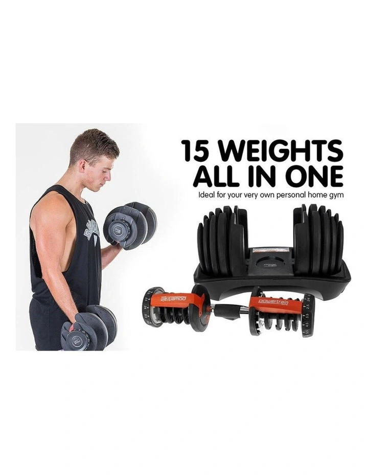 2x Powertrain 24kg Adjustable Dumbbell Home Gym w/ 10437 Adidas Bench image 6