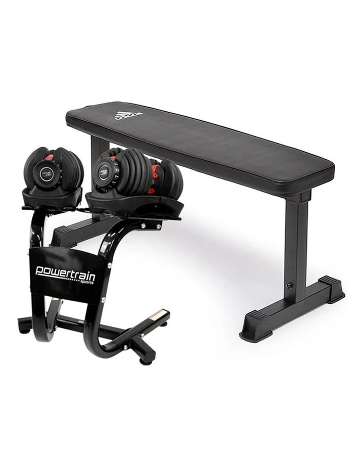 2x Powertrain 24kg Adjustable Dumbbells w/Stand and 10437 Adidas Bench image 1
