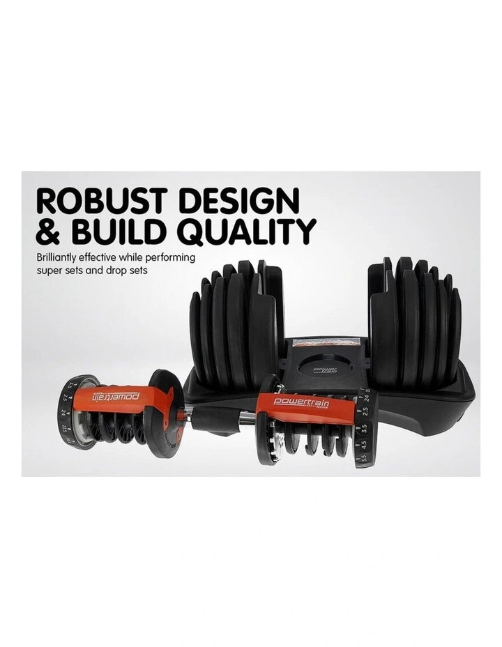 2x Powertrain 24kg Adjustable Dumbbells w/Stand and 10437 Adidas Bench image 6