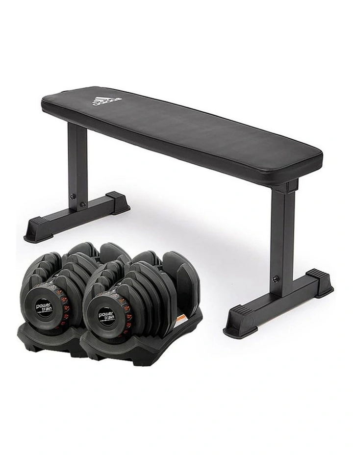 2x 40kg Powertrain Adjustable Dumbbells Home Gym w/10437 Adidas Bench image 1