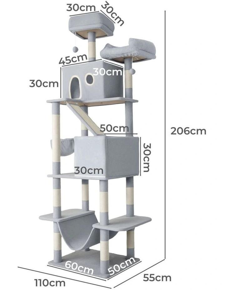 Pawz Cat Tree Tower Scratching Post Climbing House Bed Grey 206cm image 3