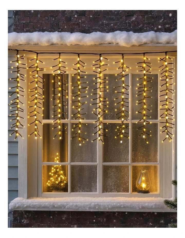 Waterfall Cluster Icicle Lights - Warm White with White Waterfall image 2