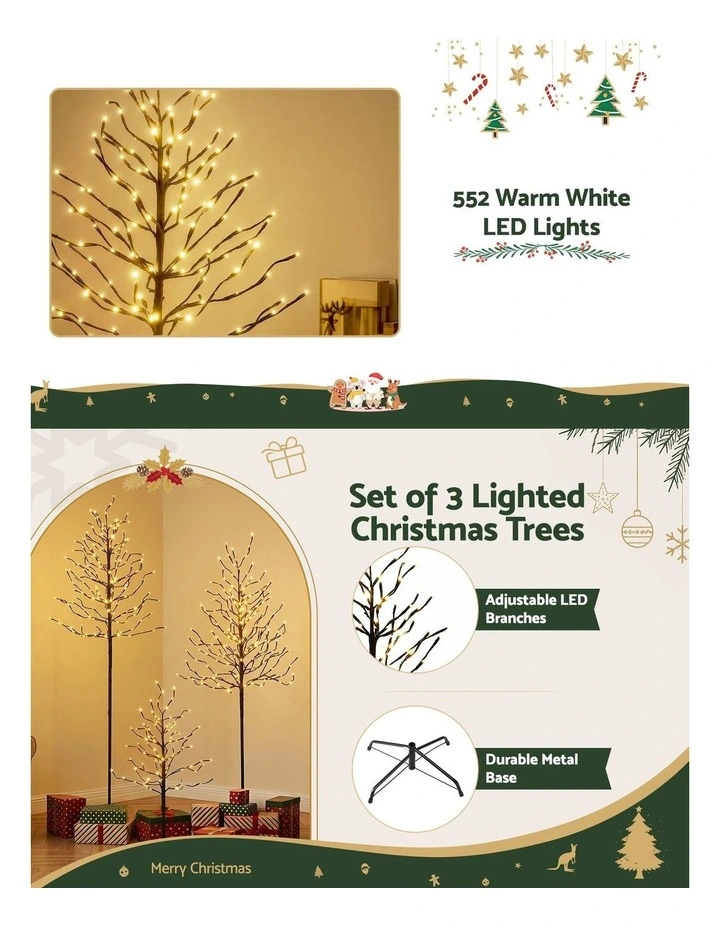 Jingle Jollys 3 Pack LED Christmas Tree Lighted Birch Tree Indoor Outdoor Xmas Decor Warm White image 4