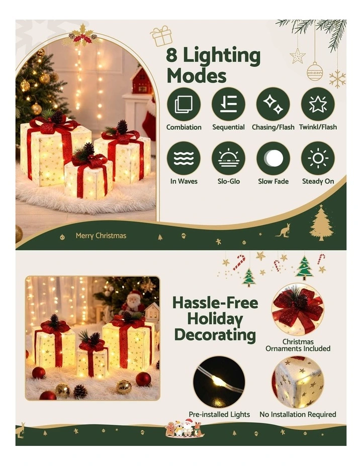 Jingle Jollys Christmas Decorations 3PC Lighted Gift Boxes Christmas Lights image 4