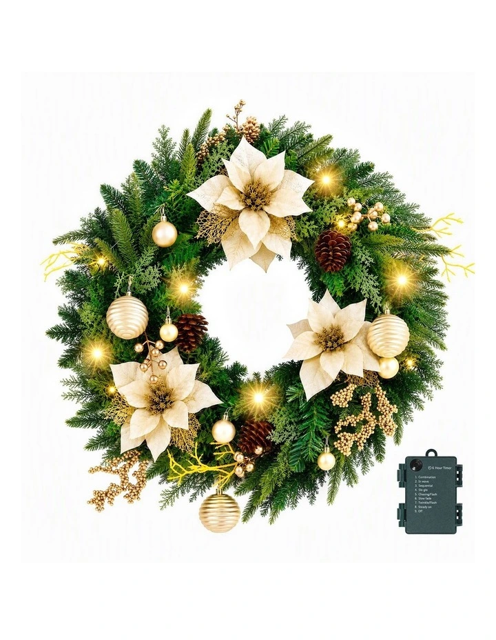 Jingle Jollys 60cm Pre-Lit Christmas Wreath LED Garlands Gold Flowers Pinecones Decor image 1