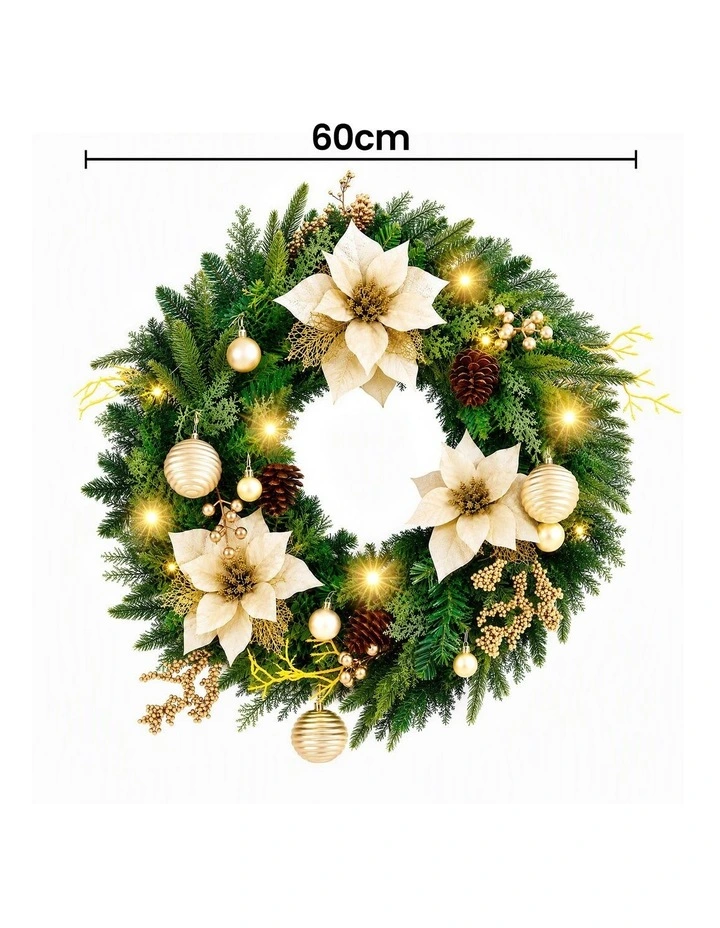 Jingle Jollys 60cm Pre-Lit Christmas Wreath LED Garlands Gold Flowers Pinecones Decor image 2