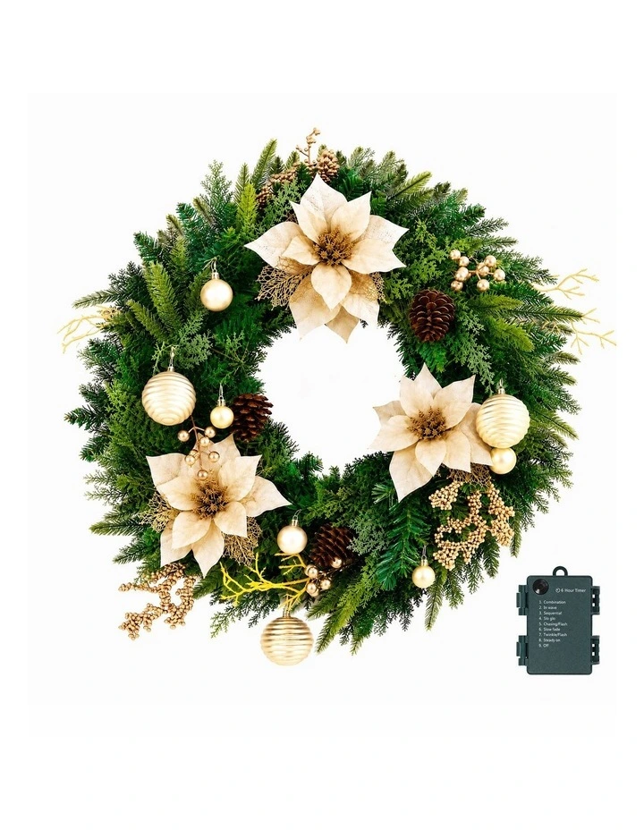 Jingle Jollys 60cm Pre-Lit Christmas Wreath LED Garlands Gold Flowers Pinecones Decor image 3