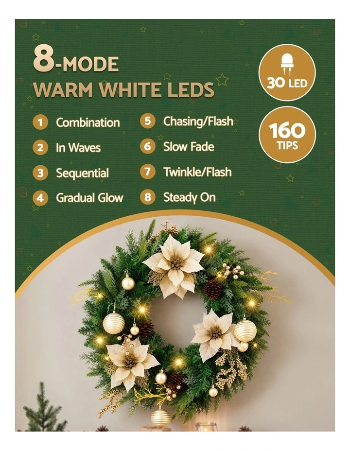 Jingle Jollys 60cm Pre-Lit Christmas Wreath LED Garlands Gold Flowers Pinecones Decor image 4