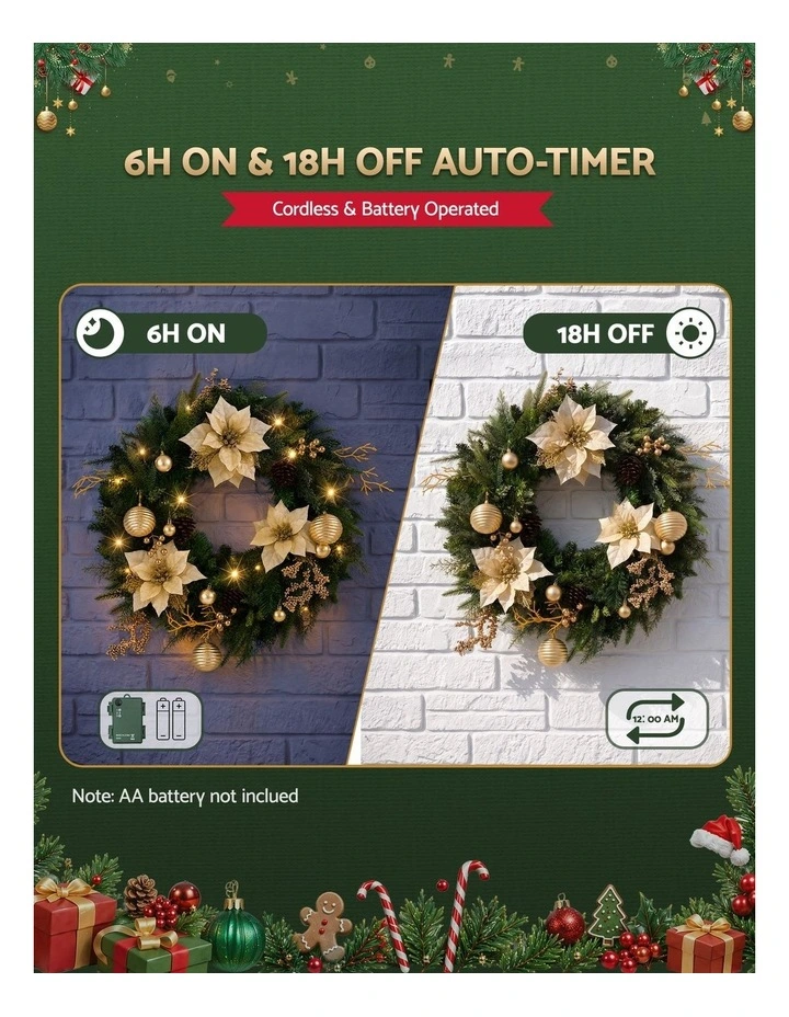 Jingle Jollys 60cm Pre-Lit Christmas Wreath LED Garlands Gold Flowers Pinecones Decor image 5