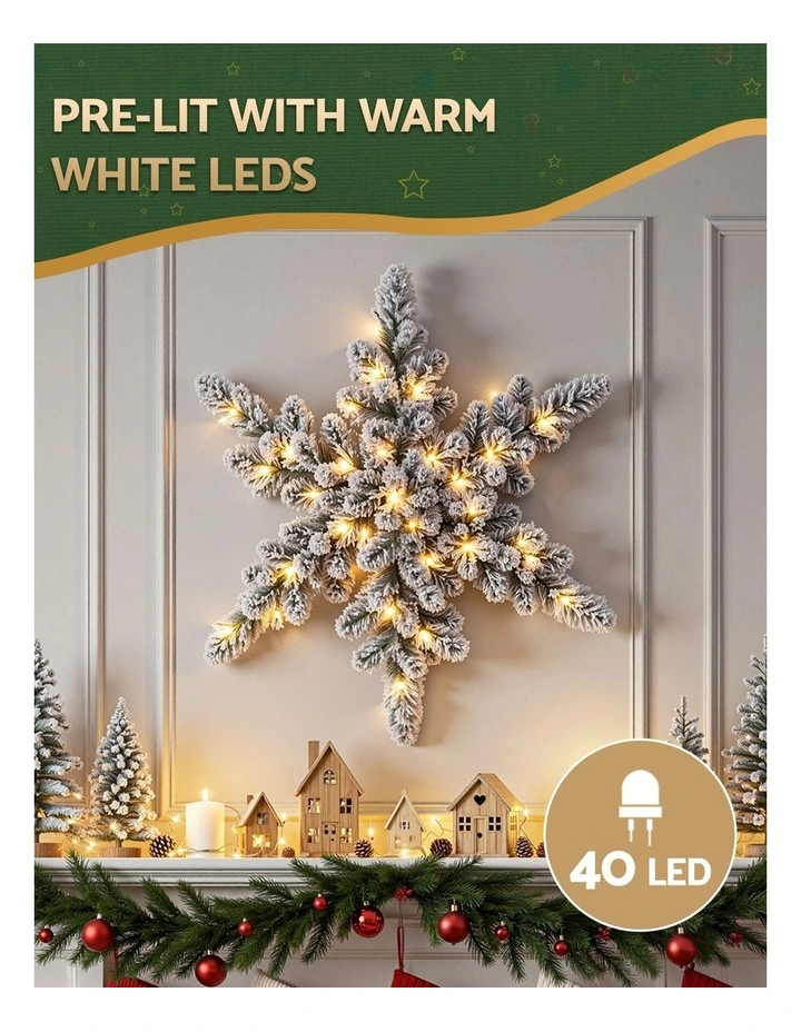 Jingle Jollys 60cm Flocked Snowflake Christmas Wreath Garland Pre-Lit 40 LED Light Decor image 4