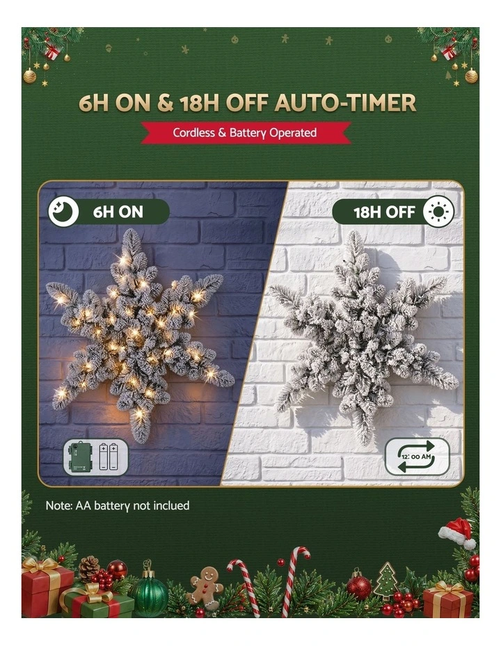 Jingle Jollys 60cm Flocked Snowflake Christmas Wreath Garland Pre-Lit 40 LED Light Decor image 5