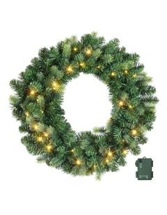 Jingle Jollys 60cm Pre-Lit Christmas Wreath GarlandsWarm White LED Light Door Wreaths Battery Timer