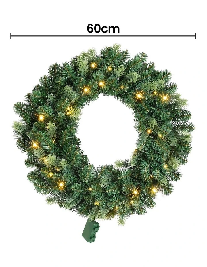 Jingle Jollys 60cm Pre-Lit Christmas Wreath GarlandsWarm White LED Light Door Wreaths Battery Timer image 2