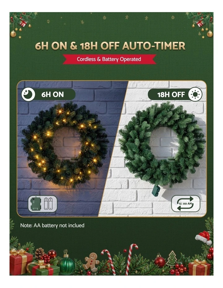 Jingle Jollys 60cm Pre-Lit Christmas Wreath GarlandsWarm White LED Light Door Wreaths Battery Timer image 4