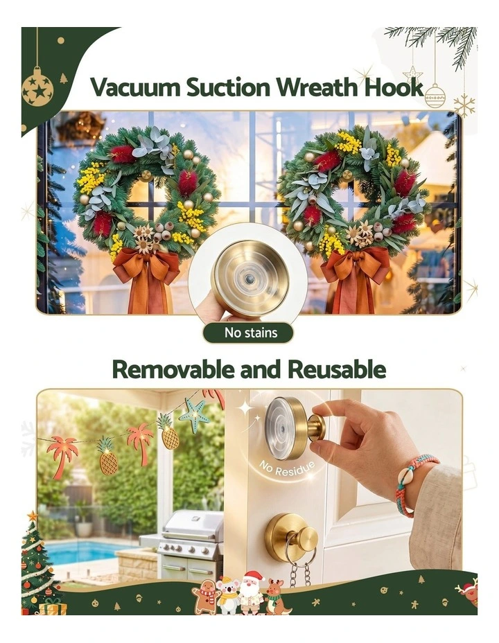 Jingle Jollys 2x Vacuum Suction Cup Christmas Wreath Hook Stainless Steel Heavy Duty 5kg image 4