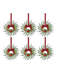 Jingle Jollys 6x Christmas Wreath Garland 26cm Pre-lit Wreaths Red Berries Bow