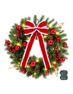 Jingle Jollys 60cm Pre-lit Christmas Wreath Garlands LED Light Front Door Decor Bow