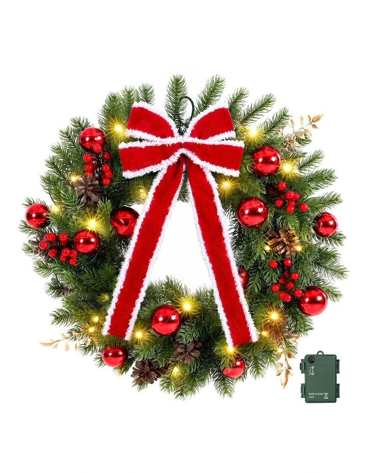 Jingle Jollys 60cm Pre-lit Christmas Wreath Garlands LED Light Front Door Decor Bow image 1