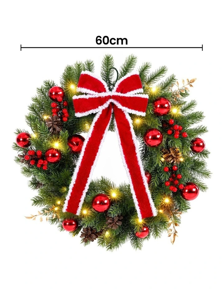 Jingle Jollys 60cm Pre-lit Christmas Wreath Garlands LED Light Front Door Decor Bow image 2