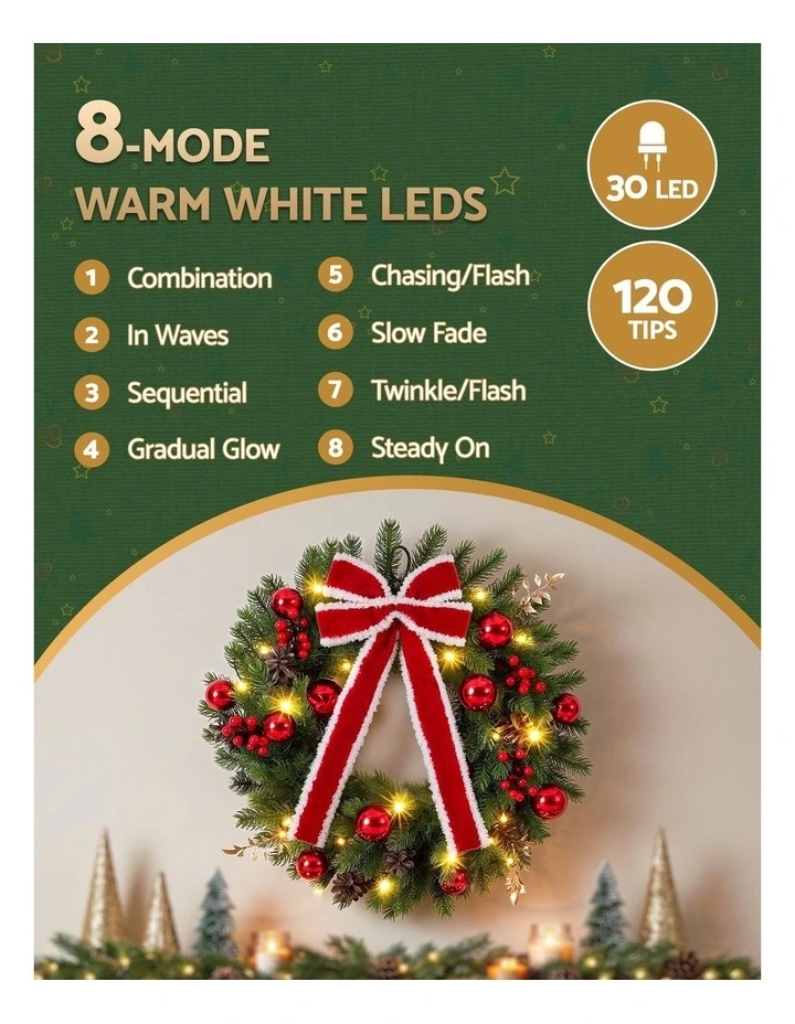 Jingle Jollys 60cm Pre-lit Christmas Wreath Garlands LED Light Front Door Decor Bow image 4