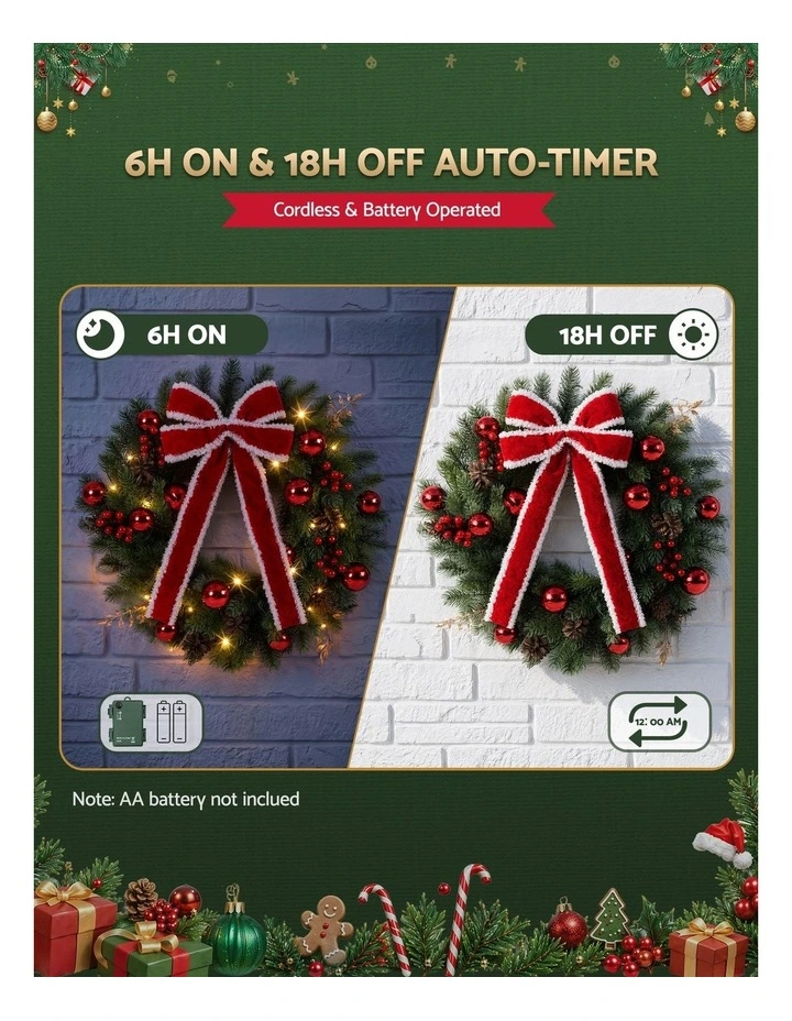Jingle Jollys 60cm Pre-lit Christmas Wreath Garlands LED Light Front Door Decor Bow image 5