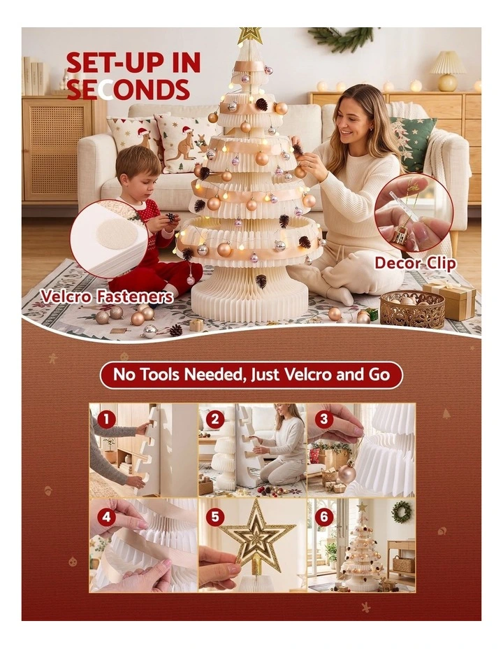 Jingle Jollys Paper Christmas Tree 114CM w/ Star Topper LEDs Xmas Decorations Kit Home Office White image 5