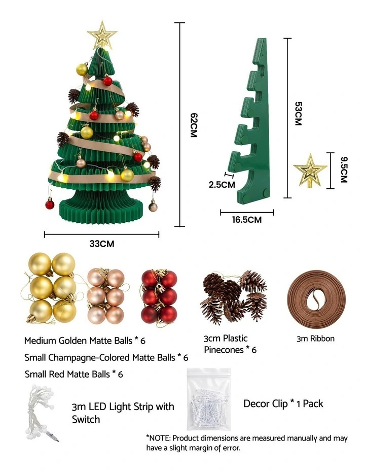 Jingle Jollys Paper Christmas Tree 62CM w/ Star Topper LEDs Xmas Decorations Kit Home Office Green image 2