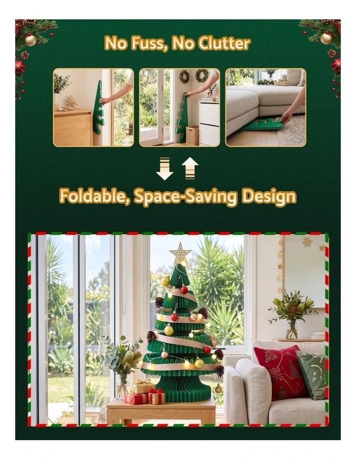 Jingle Jollys Paper Christmas Tree 62CM w/ Star Topper LEDs Xmas Decorations Kit Home Office Green image 4