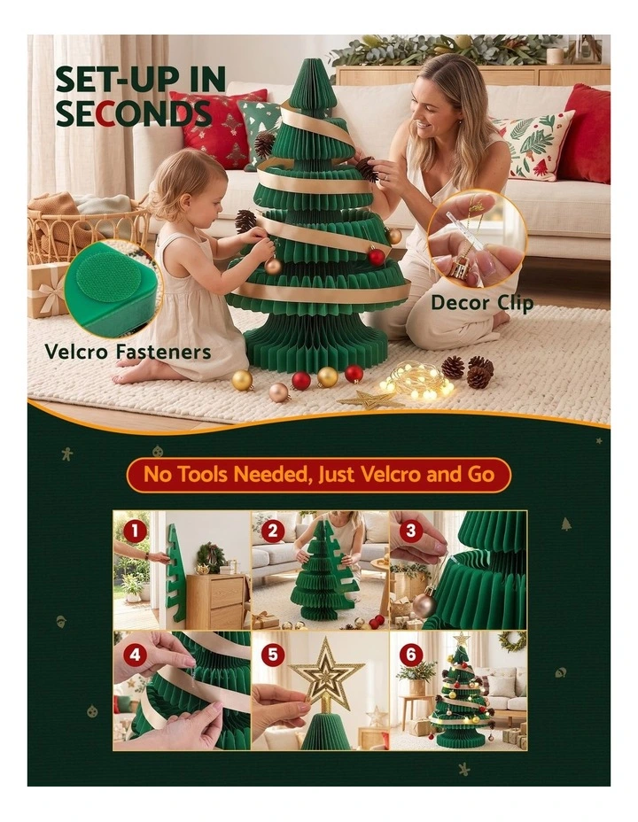 Jingle Jollys Paper Christmas Tree 62CM w/ Star Topper LEDs Xmas Decorations Kit Home Office Green image 5