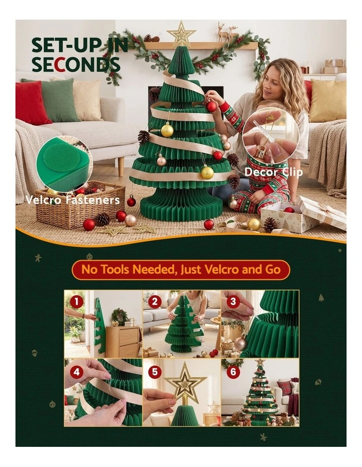 Jingle Jollys Paper Christmas Tree 87CM w/ Star Topper LEDs Xmas Decorations Kit Home Office Green image 5