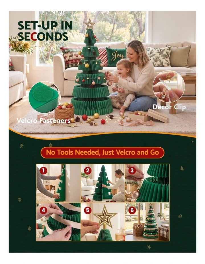 Jingle Jollys Paper Christmas Tree 111CM w/ Star Topper LEDs Xmas Decorations Kit Home Office Green image 5