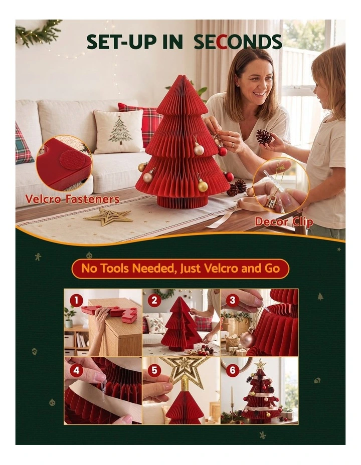 Jingle Jollys Paper Christmas Tree 47CM w/ Star Topper Xmas Decoration Tabletop Red DIY Ornament Set image 5