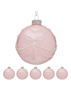 Christabelle Box of 6 Pink Glass Baubles with Glitter Floral Pattern