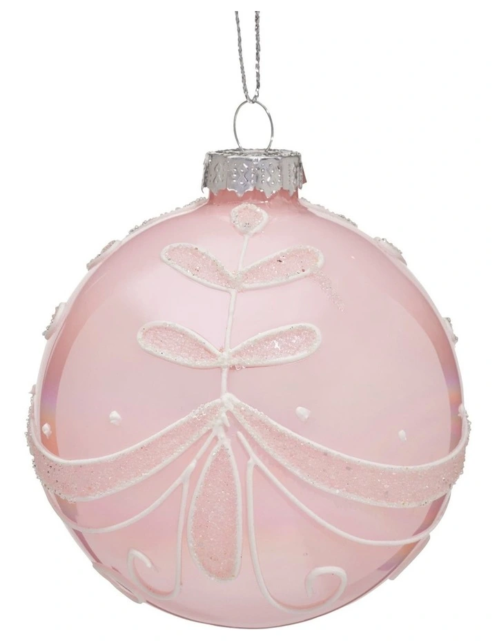 Christabelle Box of 6 Pink Glass Baubles with Glitter Floral Pattern image 2