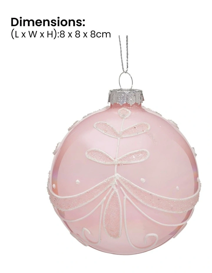 Christabelle Box of 6 Pink Glass Baubles with Glitter Floral Pattern image 3