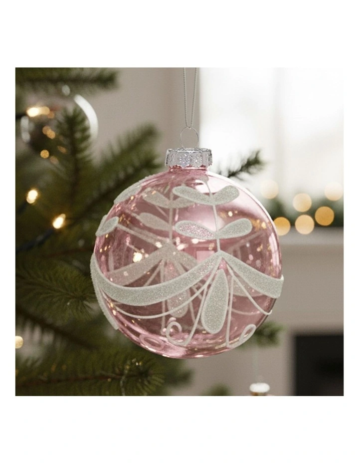 Christabelle Box of 6 Pink Glass Baubles with Glitter Floral Pattern image 4