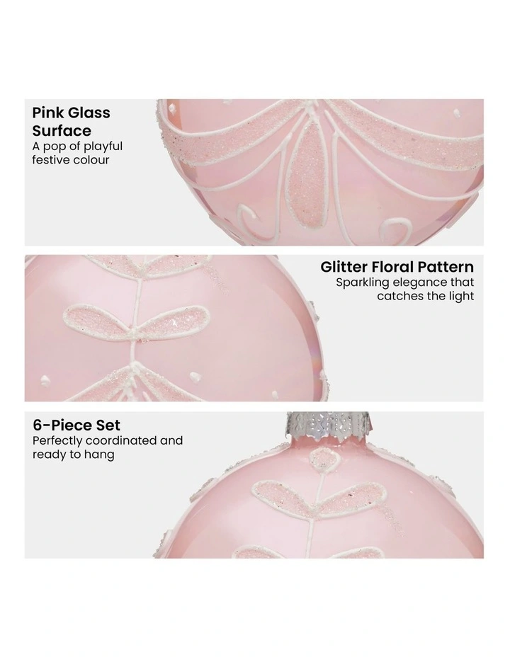 Christabelle Box of 6 Pink Glass Baubles with Glitter Floral Pattern image 5