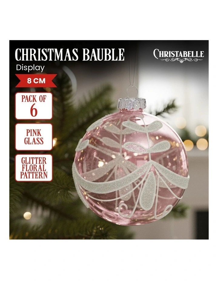 Christabelle Box of 6 Pink Glass Baubles with Glitter Floral Pattern image 6